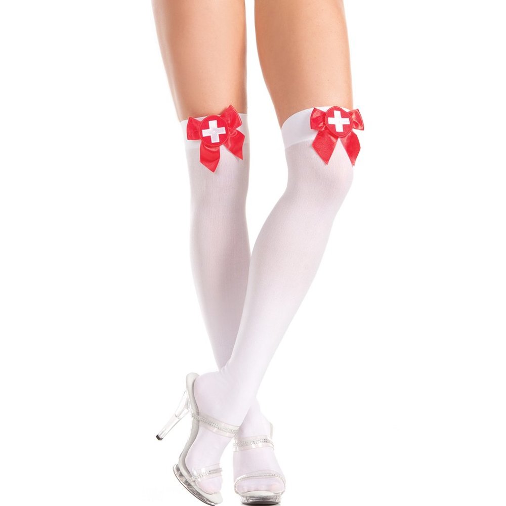 Nurse Costume Stockings Thigh Highs with Red Satin Bow Cross